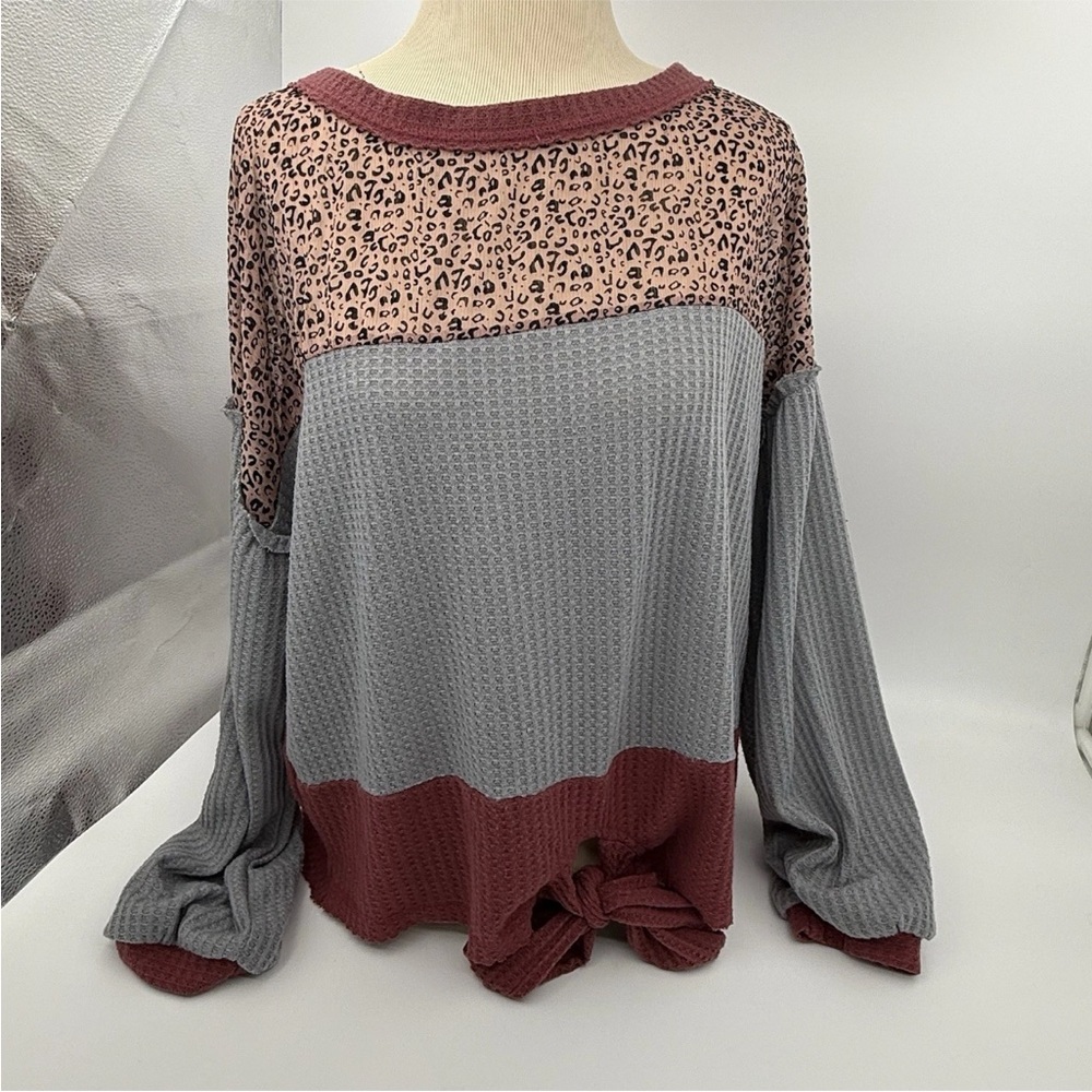 Umgee Women’s Blouse Large Animal Print/gray/maroon Shirt Top